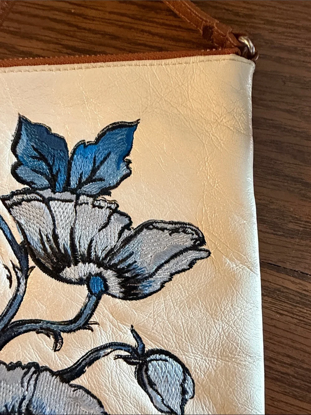 Brighton White Crossbody Bag with Blue Floral Embroidery